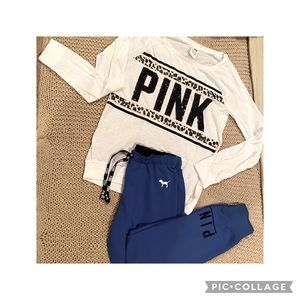 VS Pink Sequin Cheetah Print Top and Blue Fitted Skinny Joggers